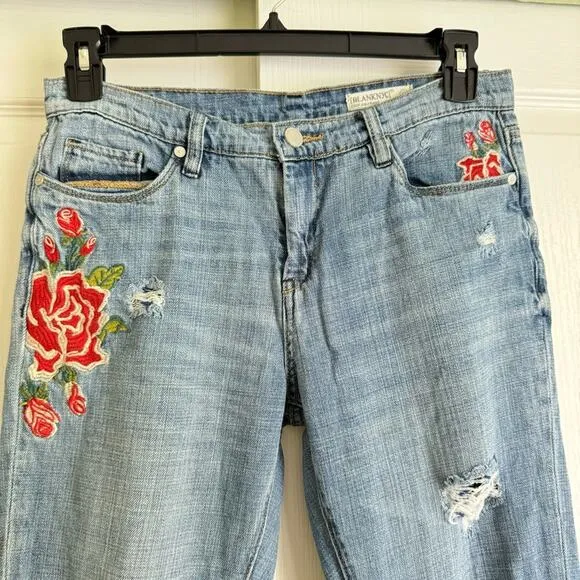 Blanc NYC Rose Floral Embroidered Crop Boyfriend Jeans Destroyed Fringed Hem 27
