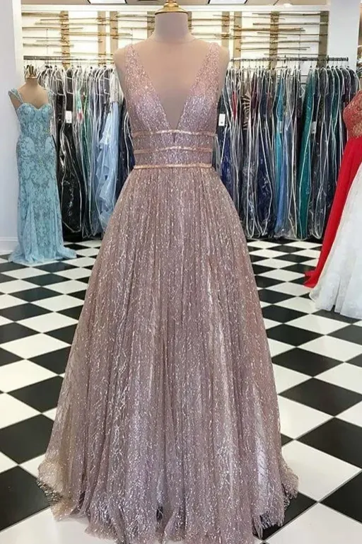 Cheap A Line Burgundy Sequins Prom Dress Long V Neck Sleeveless Prom Dress OHC451