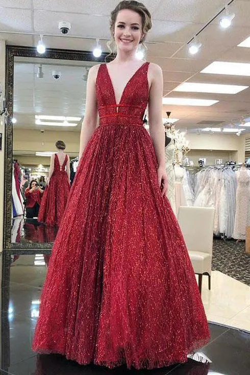Cheap A Line Burgundy Sequins Prom Dress Long V Neck Sleeveless Prom Dress OHC451
