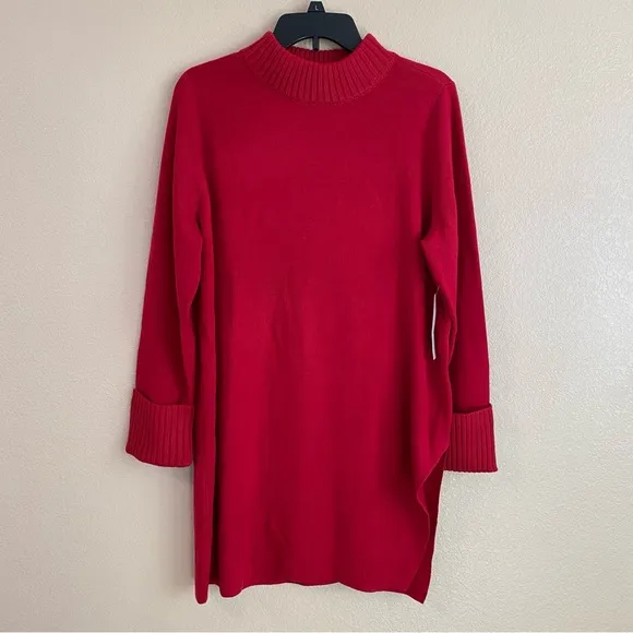 Chicos New Size LP Holly Red Mock Neck Side Slit Tunic Sweater Soft Long Sleeves