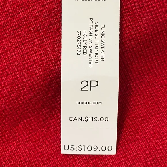 Chicos New Size LP Holly Red Mock Neck Side Slit Tunic Sweater Soft Long Sleeves