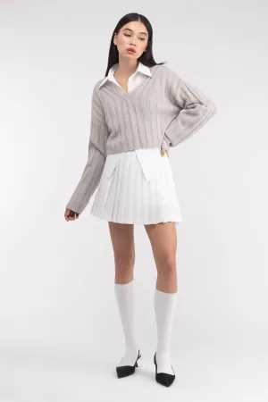 Cropped Rib-Knit V-Neck Sweater