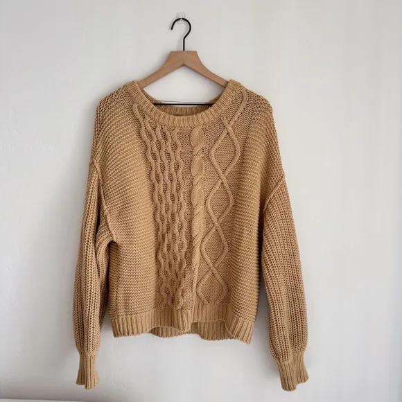 Free People Dream Cable Knit Crew Sweater TanSize S