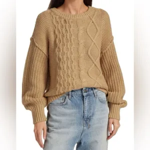 Free People Dream Cable Knit Crew Sweater TanSize S