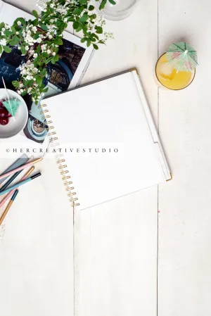 Notebook, Cocktail & Pencils. Digital Image