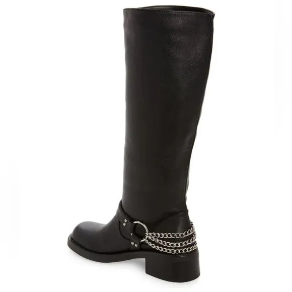 NWT AZALEA WANG GARDNER-BLACK FLAT BOOTIE Black Silver Moto Chain 8.5