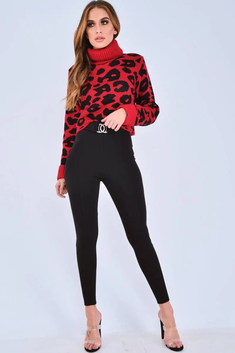 Red Leopard Crop Roll Neck Jumper - Halley