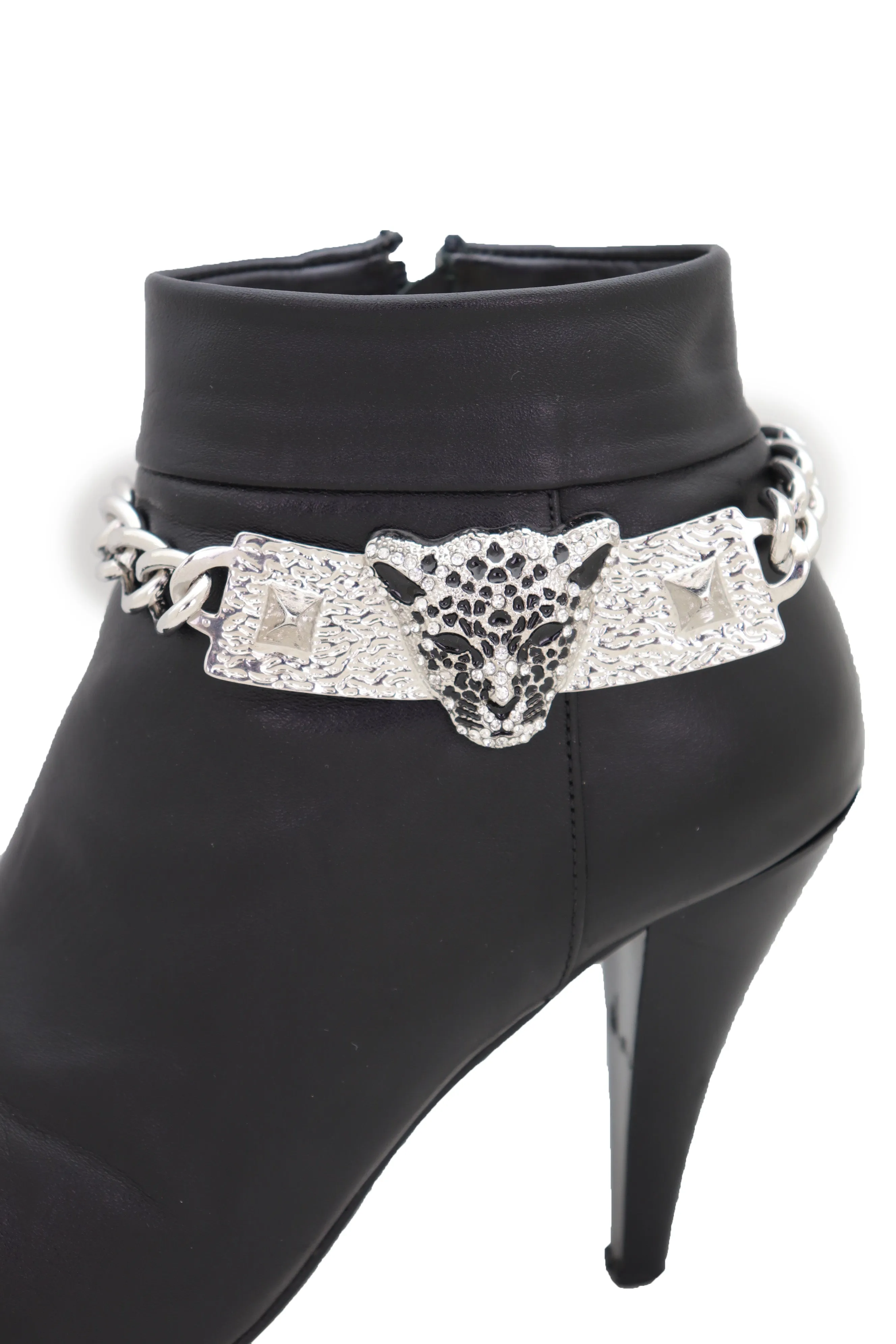 Silver Metal Chain Boot Bracelet Shoe Charm Tiger Leopard Plate Western