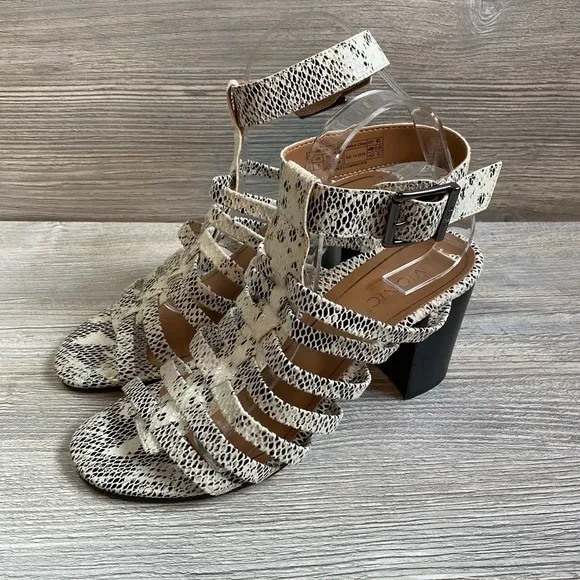 Vionic Sami woman’s heeled caged sandal in snake print 9 with ankle strap