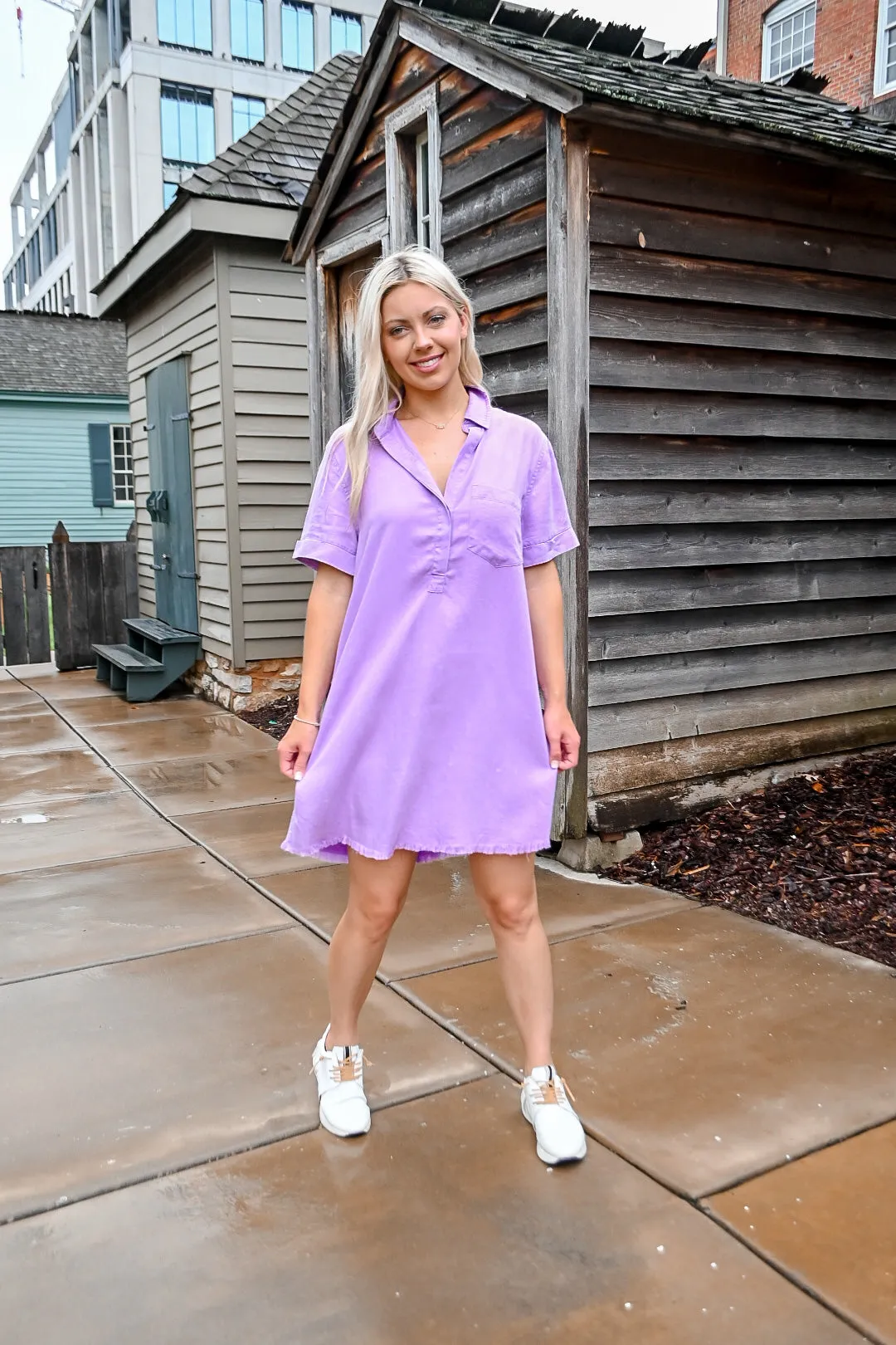 Washed Denim Shirt Dress-Purple